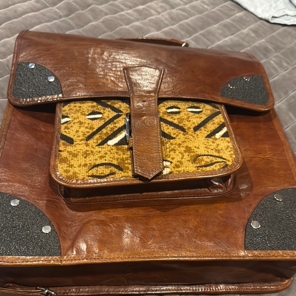 Brown and Yellow Leather Briefcases with authentic mud cloth